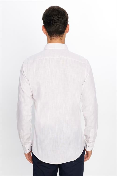 Erkek Slim Fit Dar Kesim Uzun Kollu %100 Pamuk Keten Doku Apoletli Taş Renk Gömlek