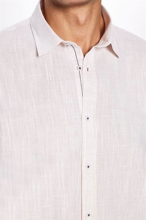 Erkek Slim Fit Dar Kesim Uzun Kollu %100 Pamuk Keten Doku Apoletli Taş Renk Gömlek