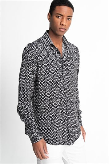 Slim Fit Uzun Kollu Dar Kesim Baskılı Desen Viskon Spor Erkek Gömlek