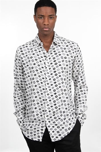 Slim Fit Uzun Kollu Dar Kesim Baskılı Desen Viskon Spor Erkek Gömlek