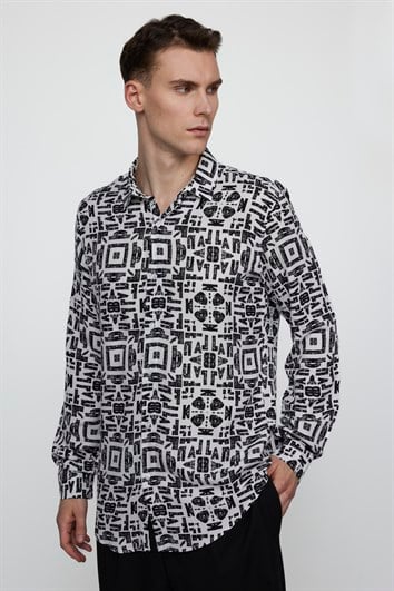 Slim Fit Uzun Kollu Dar Kesim Baskılı Desen Viskon Spor Erkek Gömlek