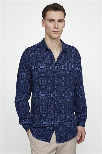 Slim Fit Uzun Kollu Dar Kesim Baskılı Desen Viskon Spor Erkek Gömlek