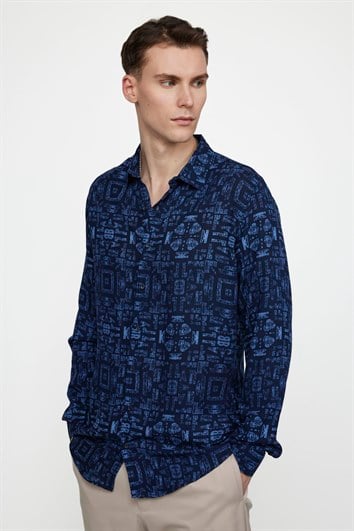 Slim Fit Uzun Kollu Dar Kesim Baskılı Desen Viskon Spor Erkek Gömlek