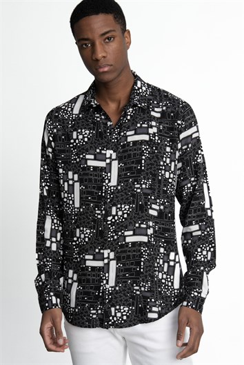 Slim Fit Uzun Kollu Dar Kesim Baskılı Desen Viskon Spor Erkek Gömlek