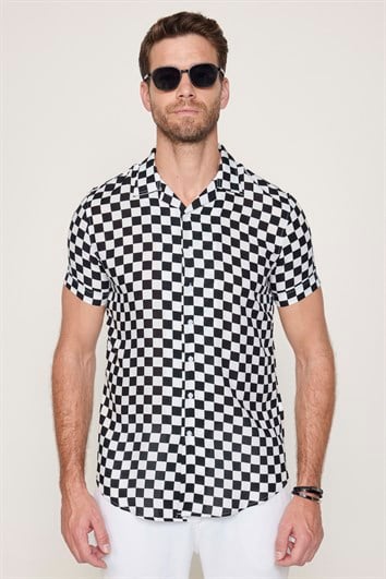 Slim Fit Dar Kesim Kısa Kollu Apaş Yaka Viskon Erkek Spor Gömlek