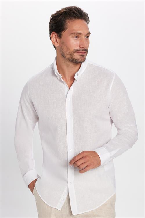 Erkek Slim Fit Dar Kesim Uzun Kollu Keten Premium Seri Düğmeli Yaka Spor Beyaz Gömlek