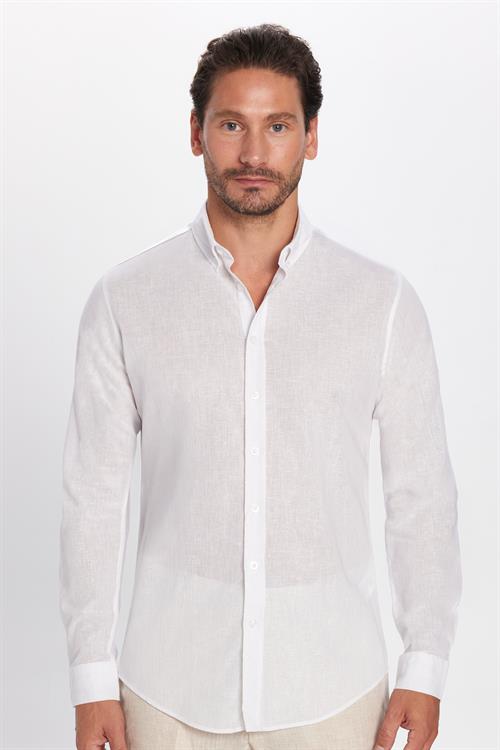 Erkek Slim Fit Dar Kesim Uzun Kollu Keten Premium Seri Düğmeli Yaka Spor Beyaz Gömlek