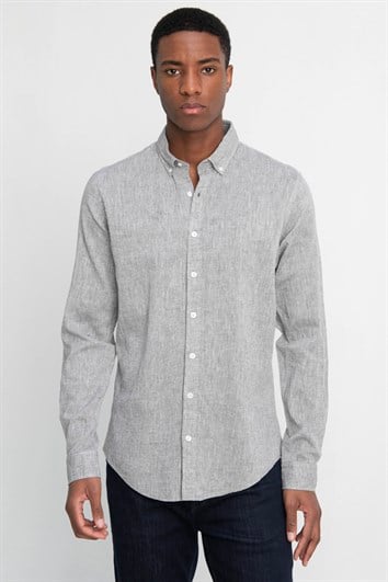 Erkek Slim Fit Dar Kesim Uzun Kollu Keten Premium Seri Düğmeli Yaka Spor Haki Gömlek