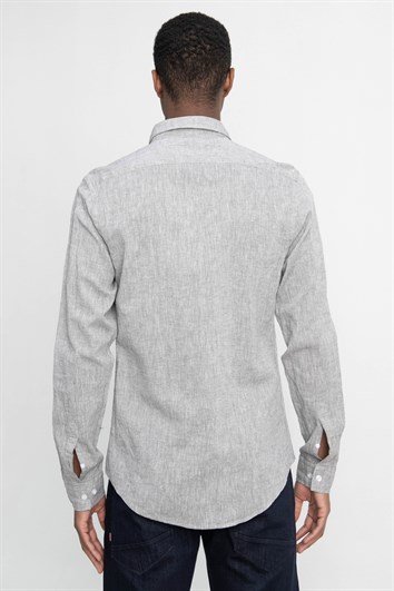 Erkek Slim Fit Dar Kesim Uzun Kollu Keten Premium Seri Düğmeli Yaka Spor Haki Gömlek