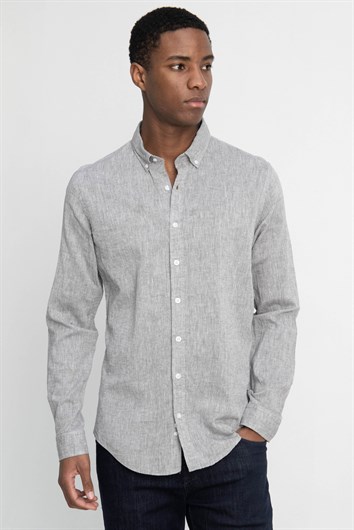 Erkek Slim Fit Dar Kesim Uzun Kollu Keten Premium Seri Düğmeli Yaka Spor Haki Gömlek