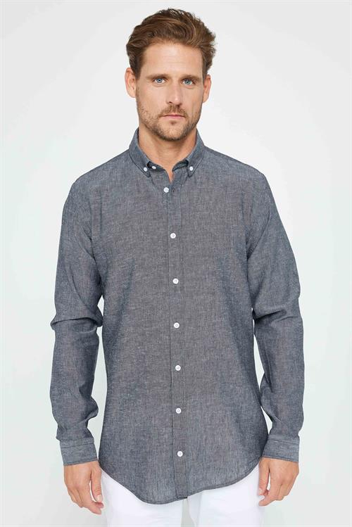 Erkek Slim Fit Dar Kesim Uzun Kollu Keten Premium Seri Düğmeli Yaka Spor Antrasit Gömlek