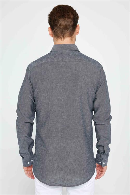 Erkek Slim Fit Dar Kesim Uzun Kollu Keten Premium Seri Düğmeli Yaka Spor Antrasit Gömlek