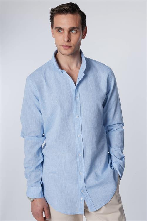 Erkek Slim Fit Dar Kesim Uzun Kollu Keten Premium Seri Düğmeli Yaka Spor Mavi Gömlek