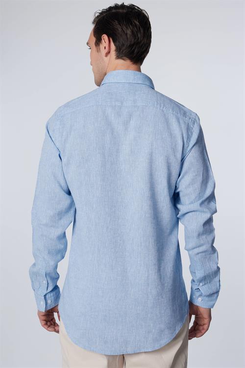 Erkek Slim Fit Dar Kesim Uzun Kollu Keten Premium Seri Düğmeli Yaka Spor Mavi Gömlek