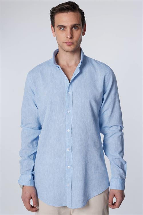 Erkek Slim Fit Dar Kesim Uzun Kollu Keten Premium Seri Düğmeli Yaka Spor Mavi Gömlek
