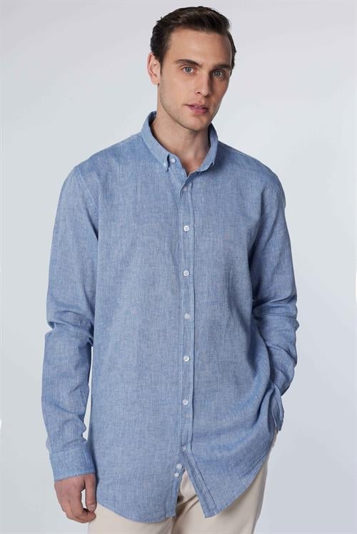 Erkek Slim Fit Dar Kesim Uzun Kollu Keten Premium Seri Düğmeli Yaka Spor Mavi Gömlek