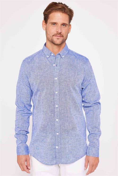Erkek Slim Fit Dar Kesim Uzun Kollu Keten Premium Seri Düğmeli Yaka Spor Lacivert Gömlek