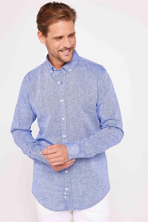 Erkek Slim Fit Dar Kesim Uzun Kollu Keten Premium Seri Düğmeli Yaka Spor Lacivert Gömlek