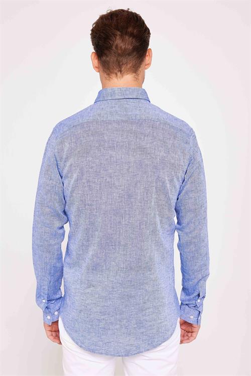 Erkek Slim Fit Dar Kesim Uzun Kollu Keten Premium Seri Düğmeli Yaka Spor Lacivert Gömlek