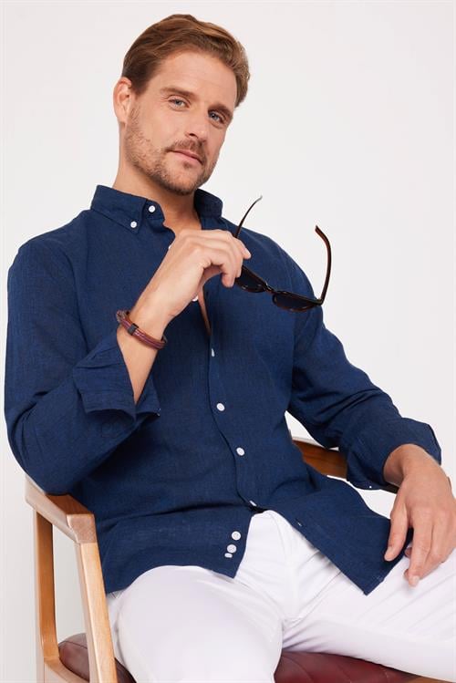 Erkek Slim Fit Dar Kesim Uzun Kollu Keten Premium Seri Düğmeli Yaka Spor Lacivert Gömlek
