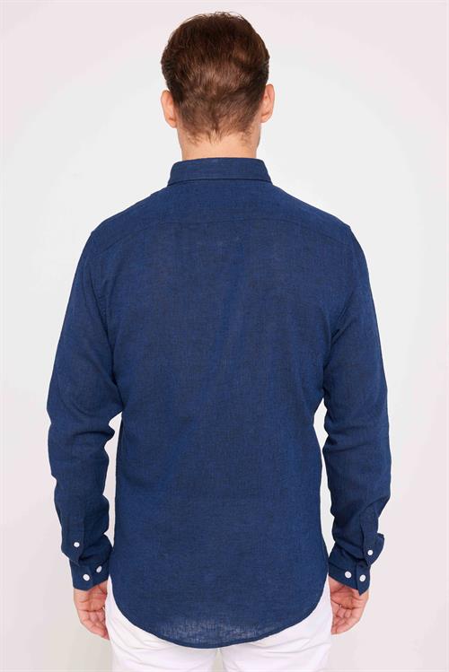 Erkek Slim Fit Dar Kesim Uzun Kollu Keten Premium Seri Düğmeli Yaka Spor Lacivert Gömlek