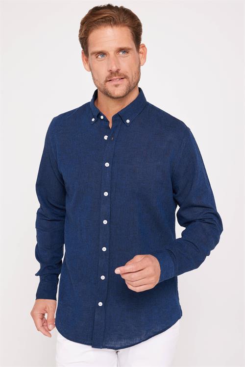 Erkek Slim Fit Dar Kesim Uzun Kollu Keten Premium Seri Düğmeli Yaka Spor Lacivert Gömlek