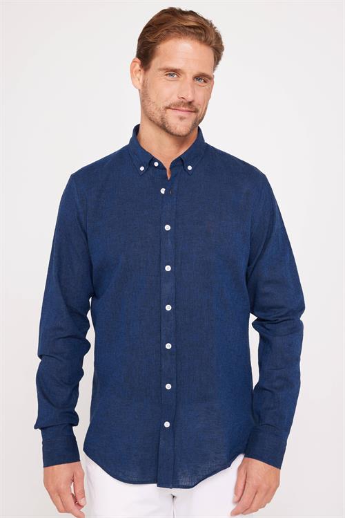 Erkek Slim Fit Dar Kesim Uzun Kollu Keten Premium Seri Düğmeli Yaka Spor Lacivert Gömlek