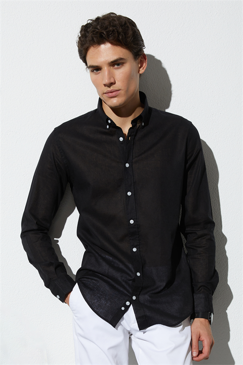 Erkek Slim Fit Dar Kesim Uzun Kollu Keten Premium Seri Düğmeli Yaka Spor Siyah Gömlek