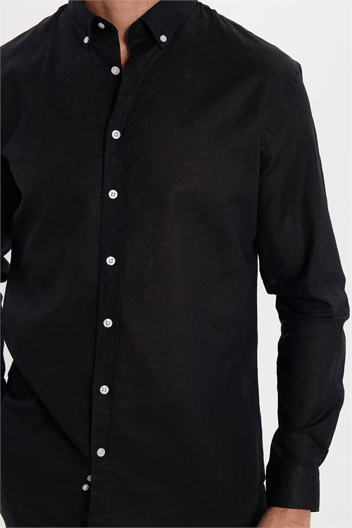 Erkek Slim Fit Dar Kesim Uzun Kollu Keten Premium Seri Düğmeli Yaka Spor Siyah Gömlek