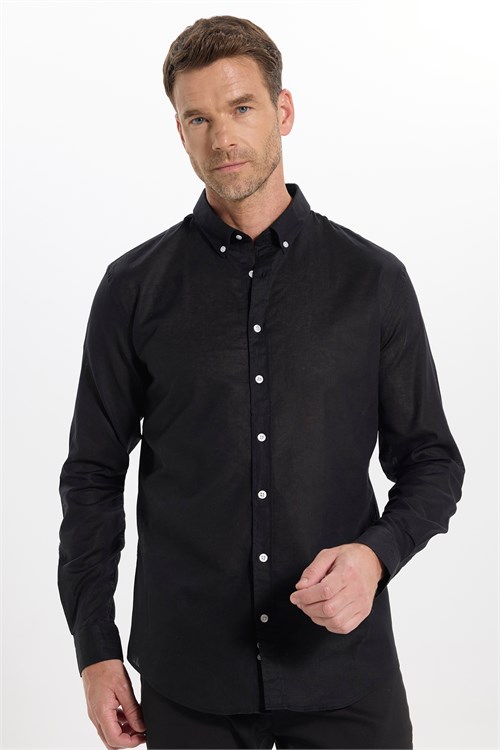 Erkek Slim Fit Dar Kesim Uzun Kollu Keten Premium Seri Düğmeli Yaka Spor Siyah Gömlek