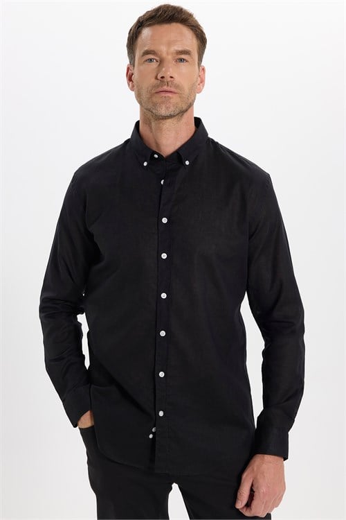 Erkek Slim Fit Dar Kesim Uzun Kollu Keten Premium Seri Düğmeli Yaka Spor Siyah Gömlek