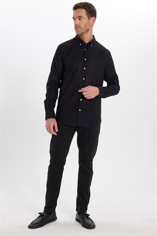 Erkek Slim Fit Dar Kesim Uzun Kollu Keten Premium Seri Düğmeli Yaka Spor Siyah Gömlek