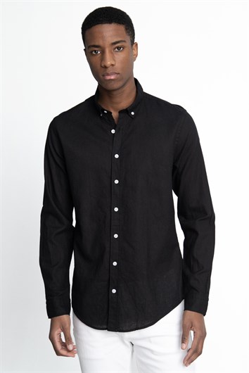 Erkek Slim Fit Dar Kesim Uzun Kollu Keten Premium Seri Düğmeli Yaka Spor Siyah Gömlek