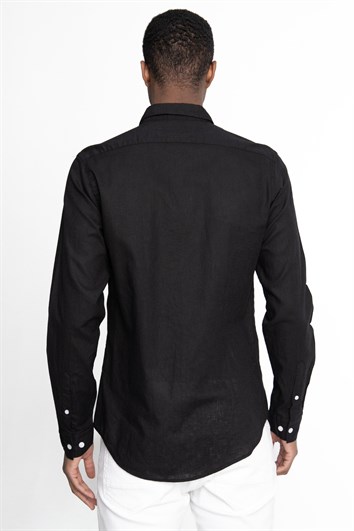 Erkek Slim Fit Dar Kesim Uzun Kollu Keten Premium Seri Düğmeli Yaka Spor Siyah Gömlek