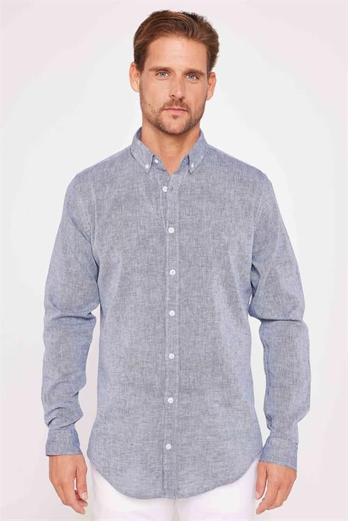 Erkek Slim Fit Dar Kesim Uzun Kollu Keten Premium Seri Düğmeli Yaka Spor Lacivert Gömlek