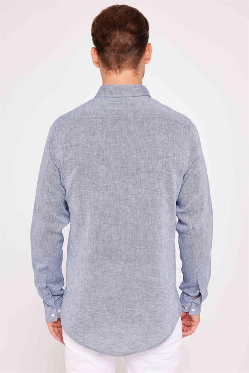 Erkek Slim Fit Dar Kesim Uzun Kollu Keten Premium Seri Düğmeli Yaka Spor Lacivert Gömlek