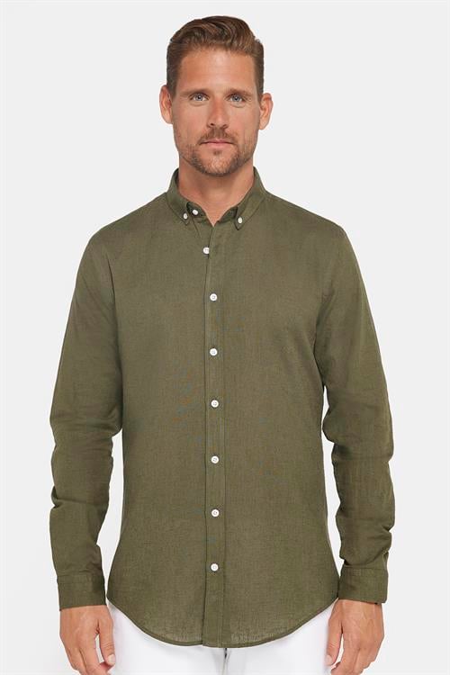 Erkek Slim Fit Dar Kesim Uzun Kollu Keten Premium Seri Düğmeli Yaka Spor Haki Gömlek