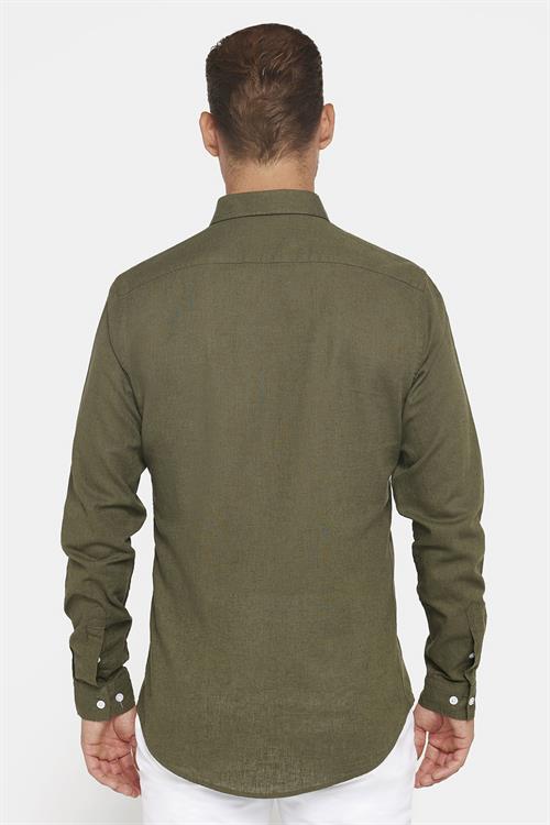 Erkek Slim Fit Dar Kesim Uzun Kollu Keten Premium Seri Düğmeli Yaka Spor Haki Gömlek