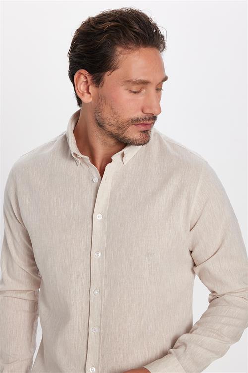 Erkek Slim Fit Dar Kesim Uzun Kollu Keten Premium Seri Düğmeli Yaka Spor Bej Gömlek