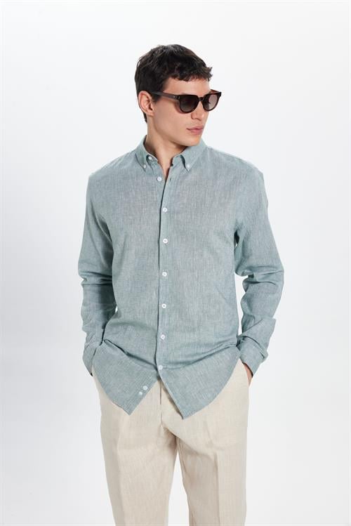 Erkek Slim Fit Dar Kesim Keten Efekt Premium Seri Düğmeli Yaka Düz Mint Gömlek