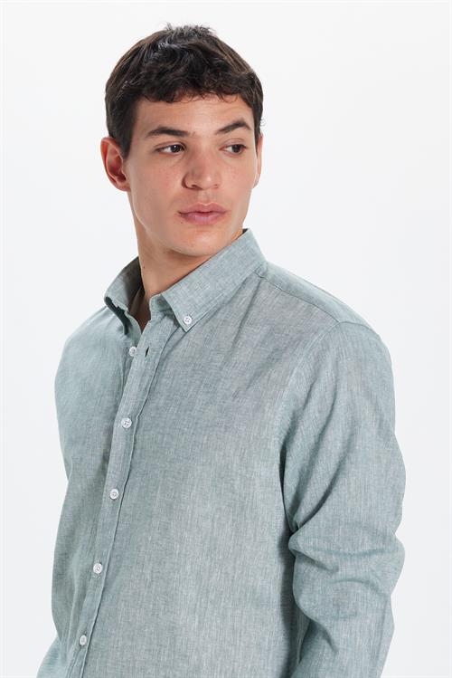Erkek Slim Fit Dar Kesim Keten Efekt Premium Seri Düğmeli Yaka Düz Mint Gömlek
