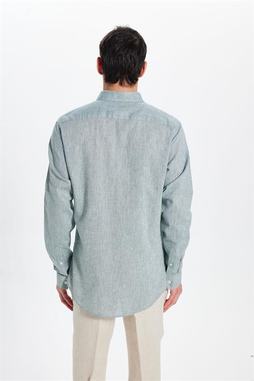 Erkek Slim Fit Dar Kesim Keten Efekt Premium Seri Düğmeli Yaka Düz Mint Gömlek