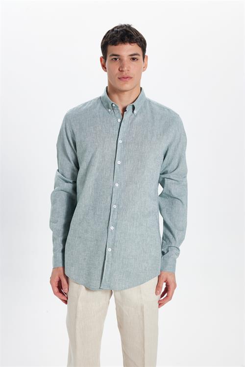 Erkek Slim Fit Dar Kesim Keten Efekt Premium Seri Düğmeli Yaka Düz Mint Gömlek