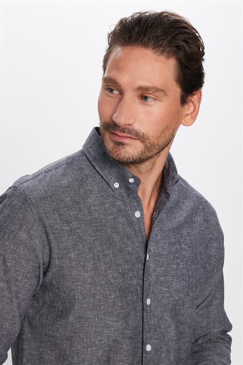 Erkek Slim Fit Dar Kesim Uzun Kollu Keten Premium Seri Düğmeli Yaka Spor Antrasit Gömlek