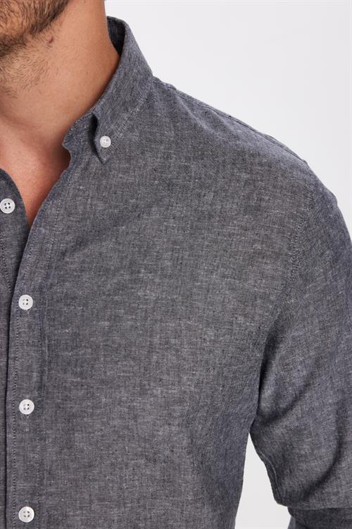 Erkek Slim Fit Dar Kesim Uzun Kollu Keten Premium Seri Düğmeli Yaka Spor Antrasit Gömlek