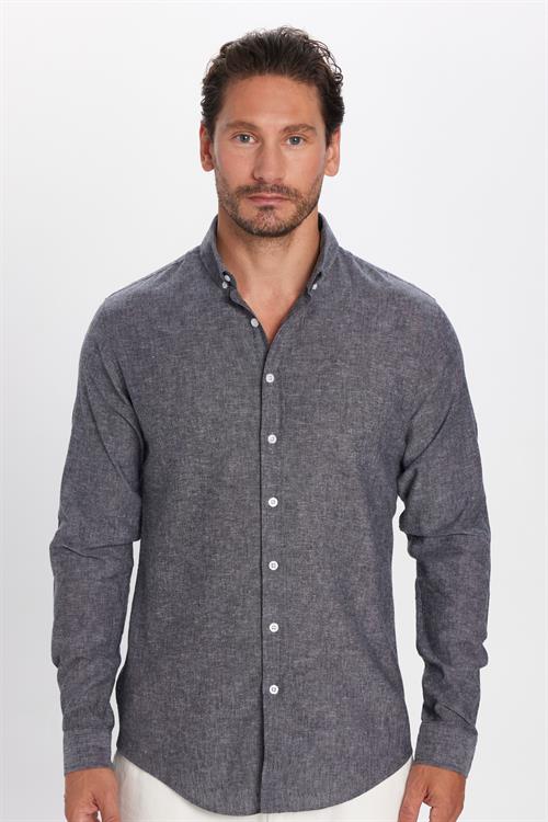 Erkek Slim Fit Dar Kesim Uzun Kollu Keten Premium Seri Düğmeli Yaka Spor Antrasit Gömlek