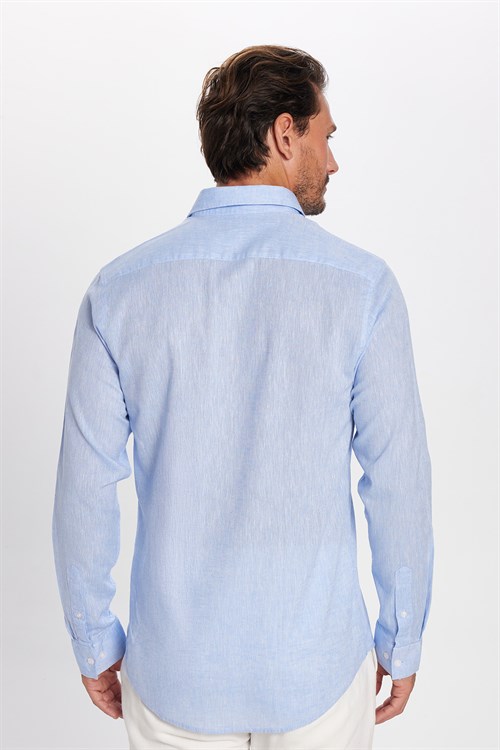 Erkek Slim Fit Dar Kesim Uzun Kollu Keten Premium Seri Düğmeli Yaka Spor Mavi Gömlek