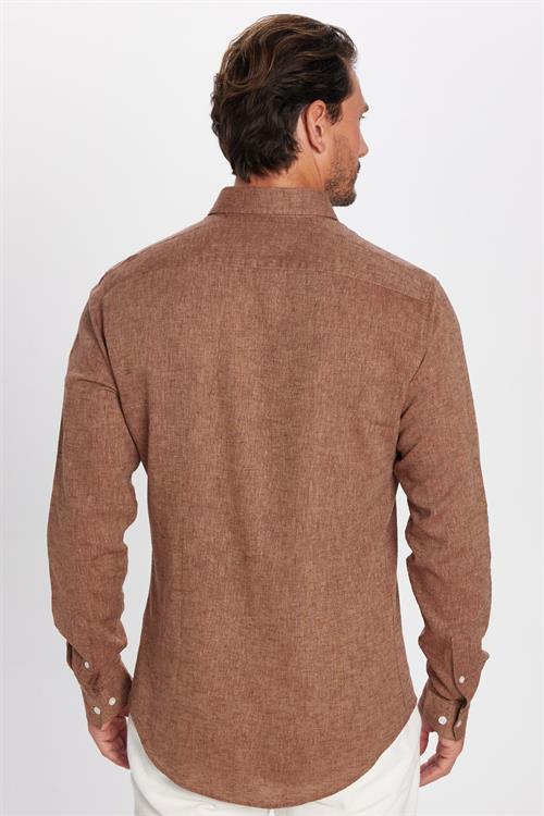 Erkek Slim Fit Dar Kesim Uzun Kollu Keten Premium Seri Düğmeli Yaka Spor Kahverengi Gömlek