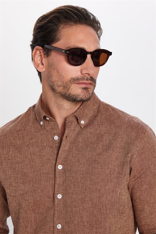 Erkek Slim Fit Dar Kesim Uzun Kollu Keten Premium Seri Düğmeli Yaka Spor Kahverengi Gömlek
