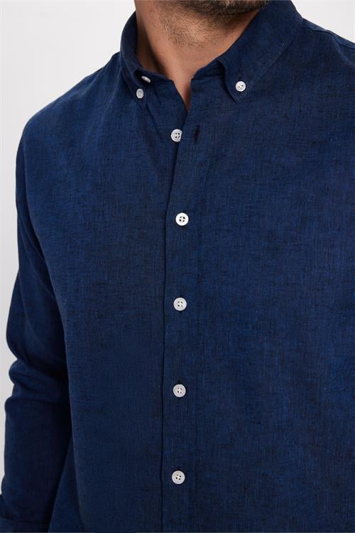 Erkek Slim Fit Dar Kesim Uzun Kollu Keten Premium Seri Düğmeli Yaka Spor İndigo Gömlek